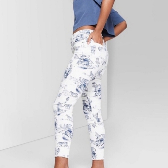 Wild Fable White Toile Desert Print Skinny Button Fly Raw Hem Jeans 6 - Picture 1 of 6